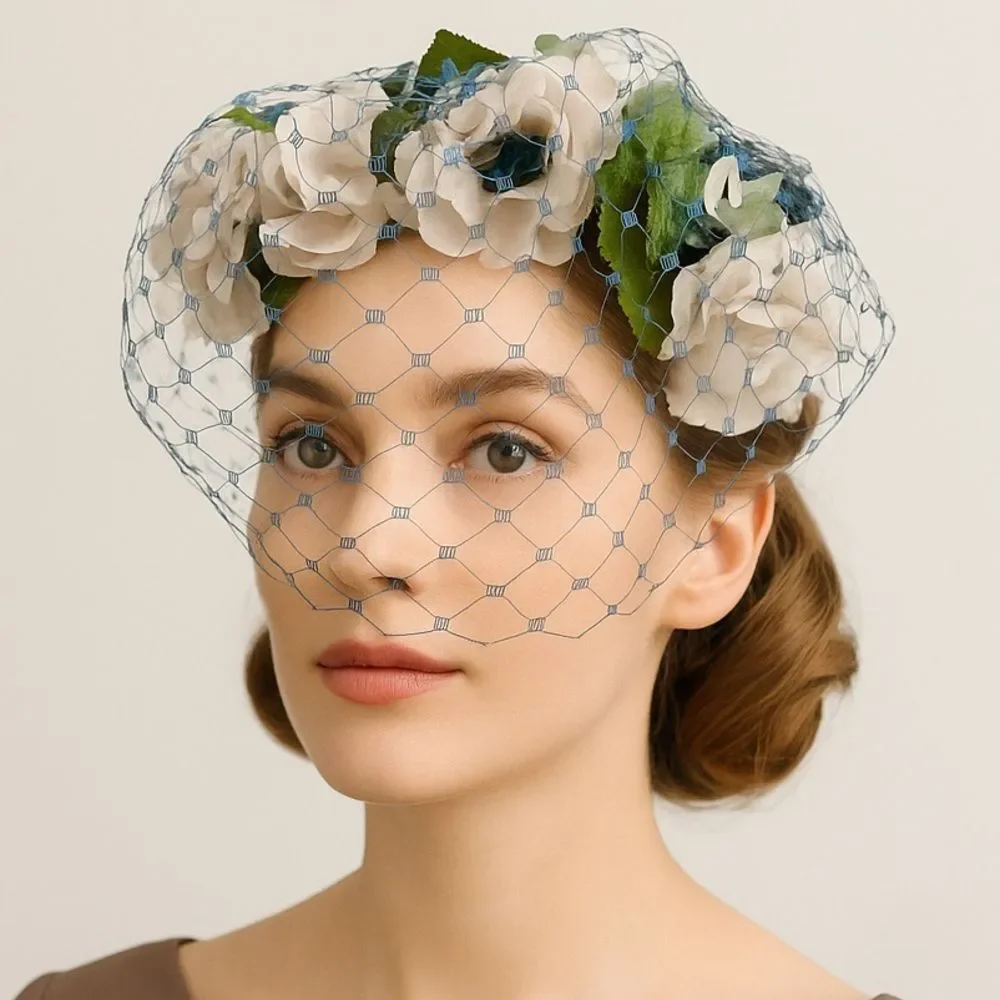 Vintage 1950s Le Cavalier Floral Hat w/ Veil White Roses Blue Accents Netting